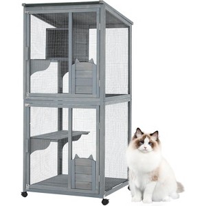Large 2-Tier Outdoor Cat House, Catio with Waterproof Cover and Sunshine Panel Roof, Portable Kitty House with Resting Boxes & Fixable Wheels - 1 of 4