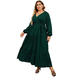 Plus Size Women's V Neck Long Sleeve Maxi Dress Floor Length Elegant Casual - 1 of 4