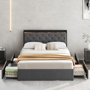 COZONY Velvet Upholstered Bed Frame with 4 Storage Drawers & Headboard Shelves, No Box Spring Needed - 1 of 4