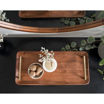 Walnut Brown Acacia Wood Rectangular Serving Tray with Gold Handles