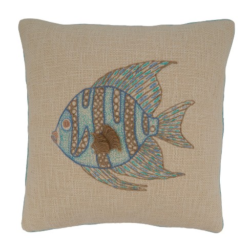 Saro Lifestyle Embroidered Fish Decorative Pillow Cover, Aqua, 18 : Target