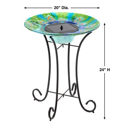 Hand-Painted Peacock Glass Solar Bird Bath with Metal Stand