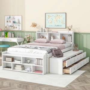 Streamdale Full Bed with Bookcase Headboard, Under bed Storage Drawers and Bed End Storage Case,White - 1 of 4