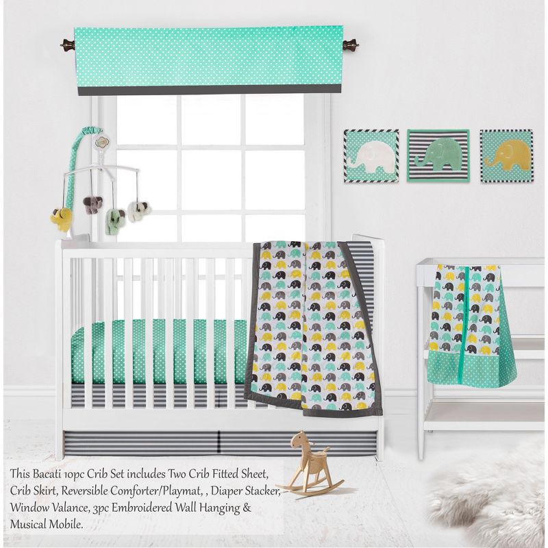 Bacati - Elephants Mint/Yellow/Gray 10 pc Crib Bedding Set with 2 Crib Fitted Sheets, 4 of 12