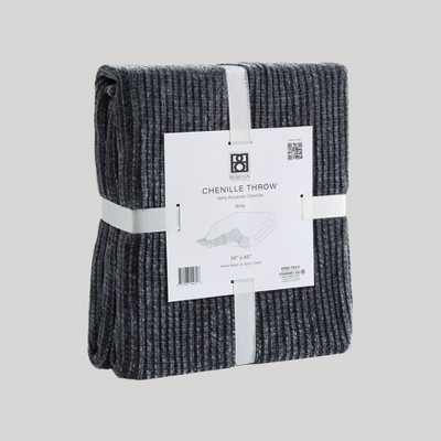 Grey Polyester Chenille Reversible Throw Blanket with Fringe