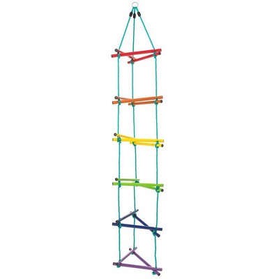 HearthSong Rainbow Triangle Weather-Resistant Kids' Rope Climbing Ladder with Colorful Metal Rungs and Nylon Rope