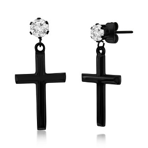 Metallo Stainless Steel Polished Cross & CZ Earrings - Black Plated - Black - 1 of 2