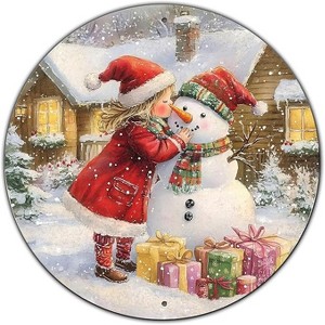 Lomsoe Round Wall Decor Metal Sign - Girl & Snowman Rustic Wall Plaque - Christmas Wreath Sign - 8*8 in - 1 of 1