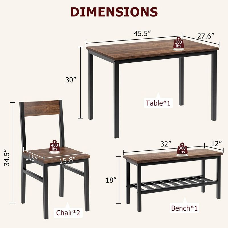 Dining Table Set for 4, Modern Kitchen Table with 2 Chairs and Bench for Small Space, 2 of 7
