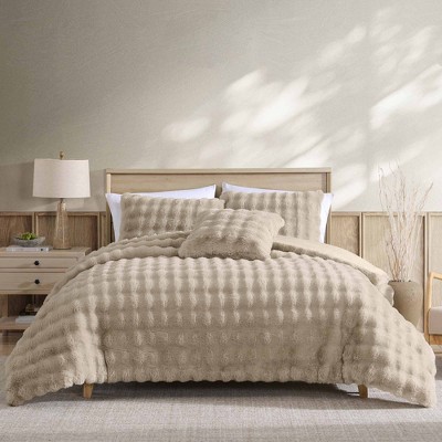 Riverbrook Home 4pc Queen Wavy Faux Fur Comforter Set Tan