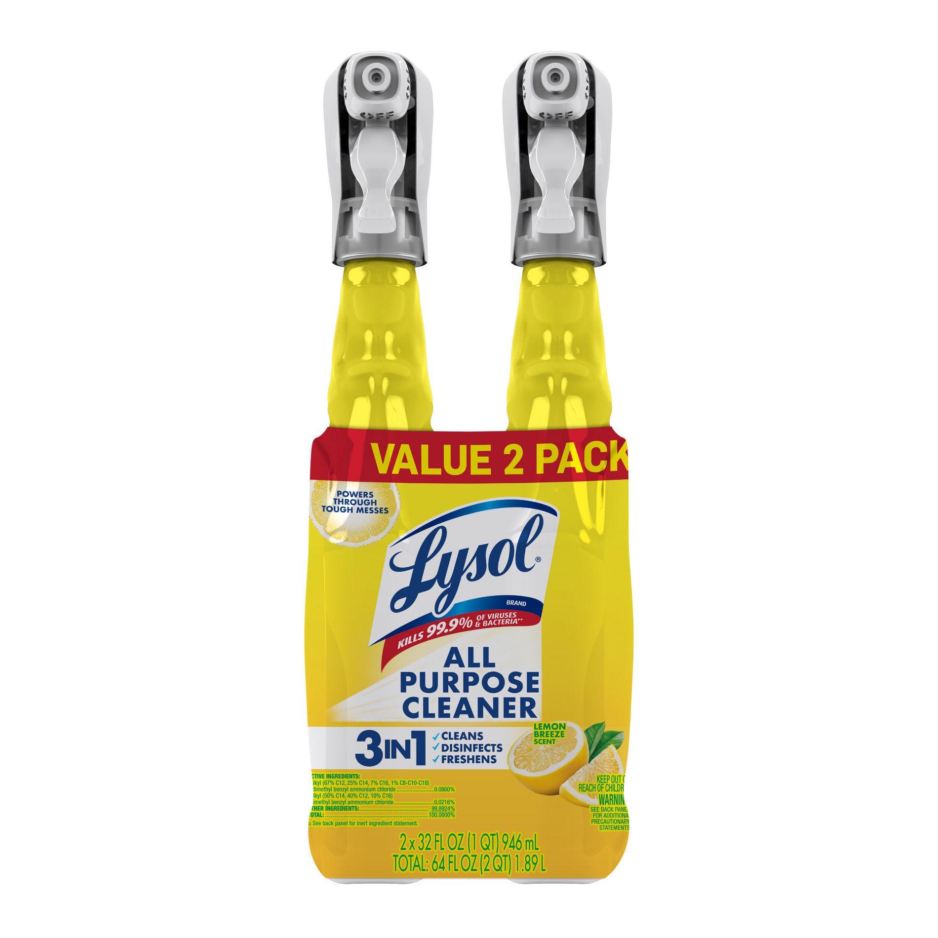 Lysol Lemon Scent All Purpose Cleaner Trigger - 32 fl oz/2ct: Aluminum-Free, Multi-Surface, Liquid, Disinfects