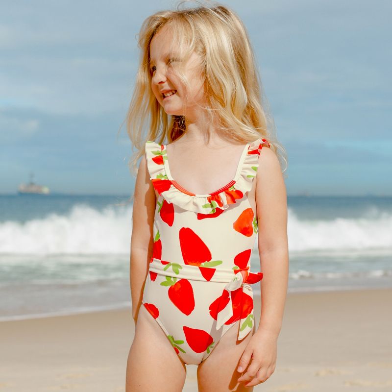Girls' Ruffled Belted One Piece Swimsuit - Cupshe - White/Red, 5 of 6