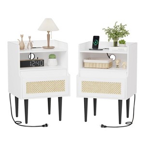 Set of 2 Rattan Nightstands, Boho Bedside Tables with Drawer & Open Shelf, Solid Wood Legs for Bedroom - 1 of 4