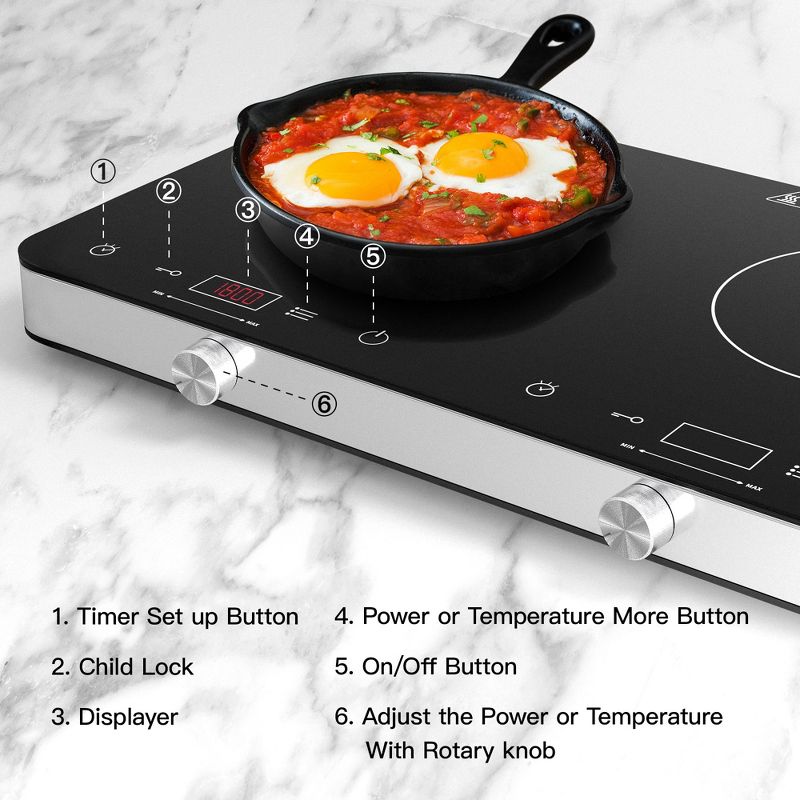 COOKTRON Portable Double Burner Quick-Heating Electric Induction Cooktop w/Knob & Touch Controls, 10 Temp Levels, 9 Power Levels & Child Safety Lock, 3 of 8