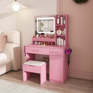 KWPZQEB Vanity Desk with LED Mirror Lights, Makeup Vanity Set with Stool, Open Shelves & Drawers, Vanity Table with Folding Table for Dressing Room - 1 of 4