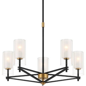 Possini Euro Design Nyack 25" Modern Pendant Chandelier Ceiling Light Fixture Dining Room Over Table Open Frame 5-Light Black Gold Finish White Glass - 1 of 4