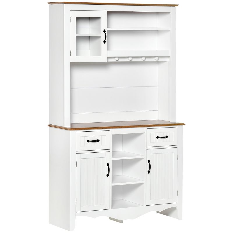 HOMCOM 71" Kitchen Buffet with Hutch, Farmhouse Style Storage Pantry with 2 Drawers, 3 Door Cabinets and 3 Shelves, White, 1 of 7