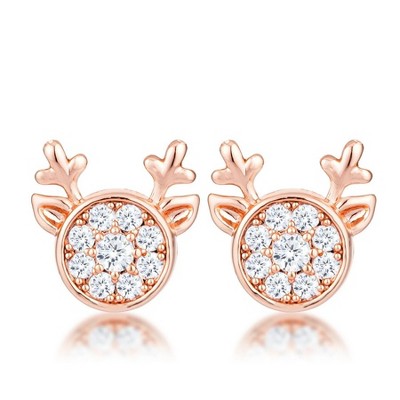 ShineHigh Holiday Reindeer CZ Stud Earrings – 18k Rose Gold, Goldtone & Rhodium-Plated Options – Sparkling Round Solitaire Design for Festive Cheer
