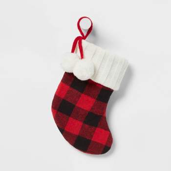 8.5" Buffalo Check Mini Christmas Holiday Stocking with Pom Poms Red/Black - Wondershop™