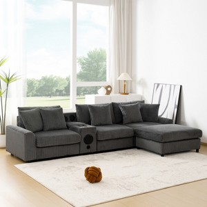 114''W Corduroy L-Shaped Sectional Sofa with Bluetooth Speakers, USB Charger, Cup Holders and Ottoman - ModernLuxe - 1 of 4