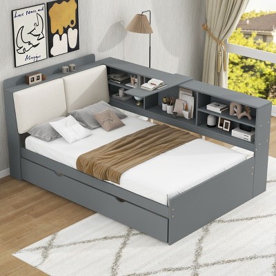 1-Pc Twin-Size Platform Bed with Trundle, Solid Wood Frame with Upholstered Headboard, Shelves & Storage Box - Baofuwish
