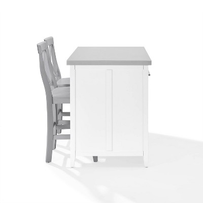 Silvia 51'' White and Gray Kitchen Island with Stainless Steel Top and X-Back Stools