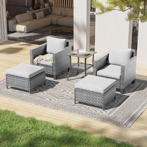 Sonkuki 5 Pieces PE Rattan Furniture Set with Side Table, Patio Chair with Washable Cushion, Ottomans for Balcony, Porch and Yard - 1 of 4