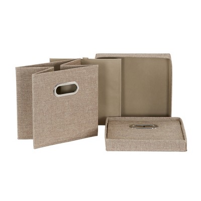 Set of 2 Beige Linen Fabric Collapsible Storage Cubes with Lids
