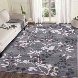 Modern Leaves Pattern Area Rug Botanical Print Washable Rugs for Living Room Bedroom Non-Slip Low Pile Floor Carpet - 1 of 4