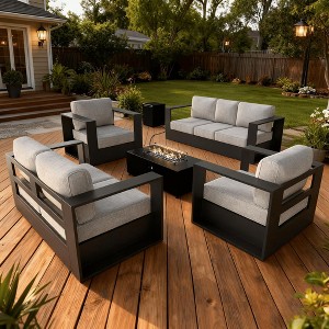 LayinSun 5 Piece Oversized Aluminum Outdoor Furniture Set, Patio Sofa Sets with Fire Pit Table, Deep Seating and Upgraded 6-inch Cushions - 1 of 4