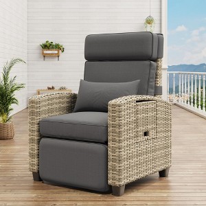 Outdoor Recliner Chair, Adjustable Patio Lounge w/ Footrest & Flip-Up Table, 150° Lay Flat, No Pump Needed, Light Grey - 1 of 4