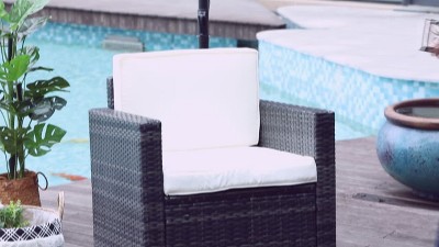 Beige Wicker and Steel Outdoor Dining Chair with Cushions
