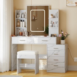Vanity Desk with Mirror and Lights, Makeup Vanity Set with 6 Drawers and Shelves,Charging Station,Vanity with Stool & 3 Lighting Color Adjustable - 1 of 4