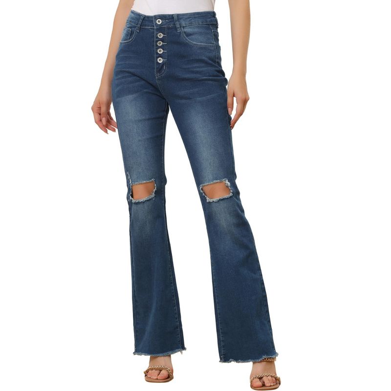 Allegra K Women's High Waisted Button Ripped Bell Bottom Flare Jeans, 1 of 6