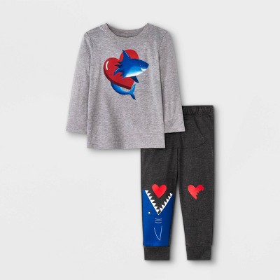 Toddler Boys' 2pc Valentine's Day Shark Graphic Long Sleeve T-Shirt & Fleece Jogger Pants Set - Cat & Jack™ Gray/Black