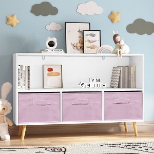 Childrens Bookshelf 4 Cubby Toy Storage Organizer with Collapsible Fabric Drawers, Kids Bookcase Book Display for Kids Room, Playroom and Nursery - 1 of 4