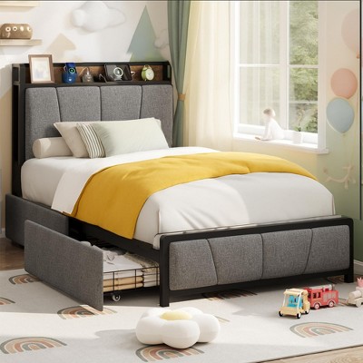 Twin Size Bed Frame with Storage Drawers & Charging Station, Rustic Linen Upholstered Platform Bed with Storage Headboard, No Box Spring Needed, Grey.
