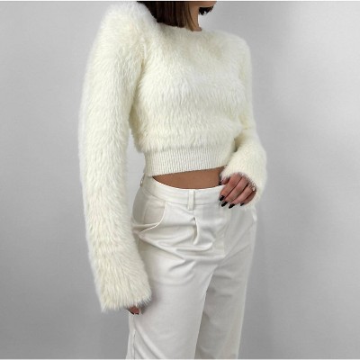 Women's Cropped Wide Sleeve Fuzzy Sweater - CRESCENT