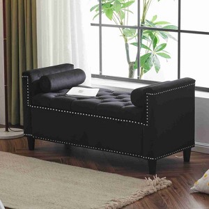 CAVINAS Storage Bench for Bedroom,Velvet Storage Ottoman Bench with Armrests and Nailhead Trim for Living Room,Bedroom,Black/Cream White - 1 of 4