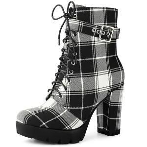 Perphy Women's Platform Lace Up Chunky Heel Plaid Printed Ankle Boots - 1 of 3