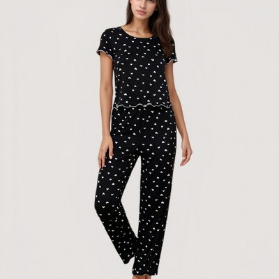 Anna-Kaci Lounge Women's Heart Print Pajama Set with Short Sleeve Lettuce Trim Top and Full-Length Pants