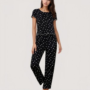 Anna-Kaci Lounge Women's Heart Print Pajama Set with Short Sleeve Lettuce Trim Top and Full-Length Pants - 1 of 4