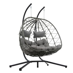 2 Persons Egg Chair with Stand Indoor Outdoor Swing Chair Patio Wicker Hanging Egg Chair Hanging Basket Chair - 1 of 4