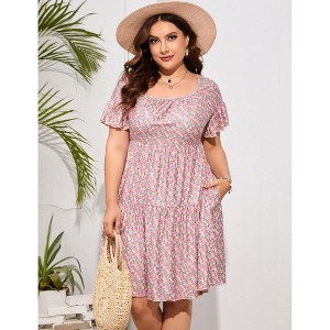 Clearlove Plus Size Dress Women's Plus Size Floral V-Neck Dress Short Sleeve Knee Length A-line Mini Dresses - 1 of 4
