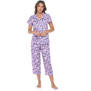 Casual Nights Women's Rayon Printed Short Sleeve Capri Pajama Set - 1 of 4