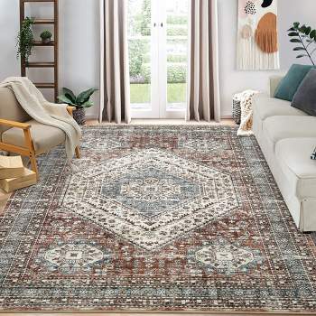 Area Rug Vintage Persian Floral Print Floor Cover Washable Foldable Thin Rug, 8' x 10' Brown