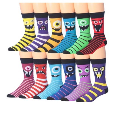 JAMES FIALLO Mens 12 Pairs Monster Characters Stripes Funny Colorful Patterned Dress Socks for Men