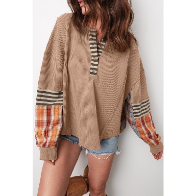 Beige Waffle Stripe Plaid Patchwork Henley Knit Top