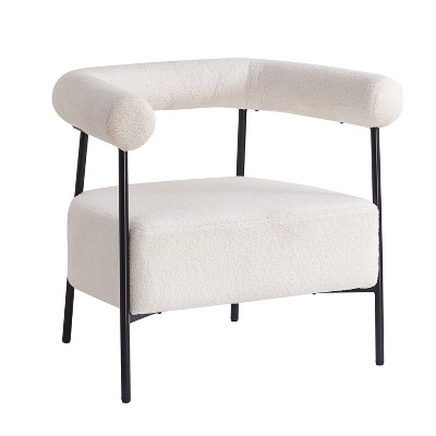 Vynxaria White Boucle Fabric Accent Chairs - Modern Curved Armchair with Black Metal Frame