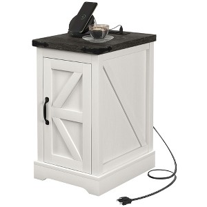 Vynxaria Farmhouse End Table Distressed White, Charging Station (2 AC/2 USB Ports), Storage Cabinet, Anti-Tipping Design, 14.2"W×17.3"D×25.2"H - 1 of 4